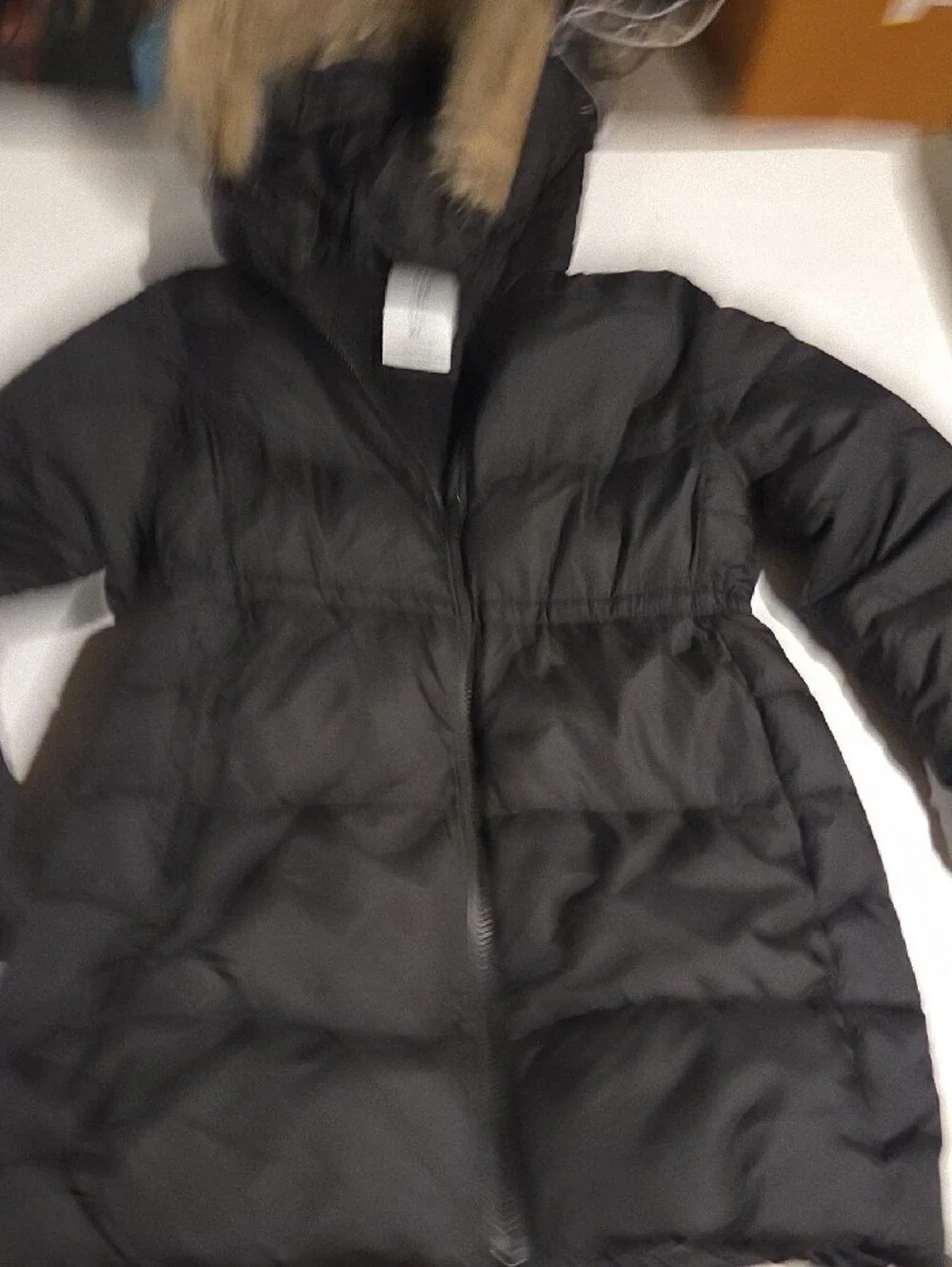 GAP Black Women's Long Puffer Coat with Faux Fur Hood Trim